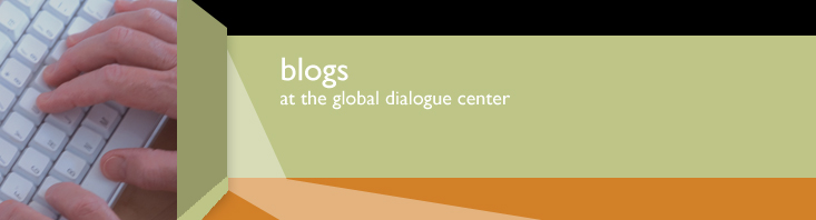 banner with the words, Blogs at the Global Dialogue Center with an images of figures on a keyboard