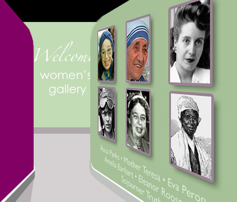 an image of the entrance to the Women in the Lead Women's Gallery with photos of Rosa Parks, Mother Teresa and others on the wall