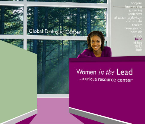 an image of the Women in the Lead lobby at the Global Dialogue Center with a women greeting all those who enter and the words hello in many languages on the wall behind her, there is also a window wall looking out into the woods with beams of sun light coming through the trees